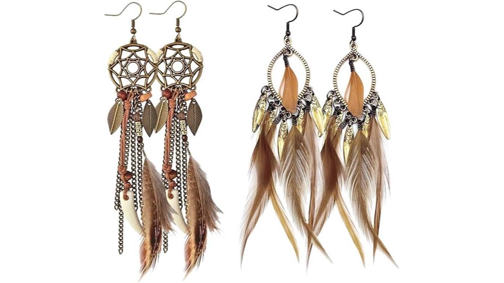 brown feather earrings pair