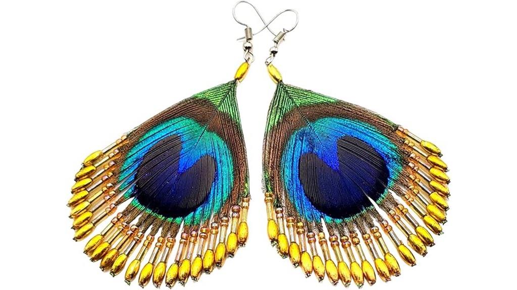 colorful peacock feather earrings