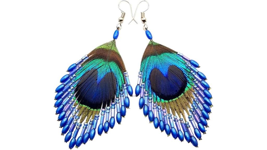 colorful peacock feather earrings