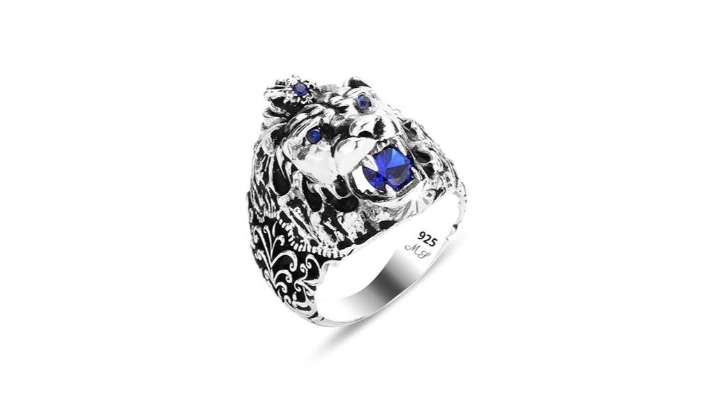 silver sapphire lion ring