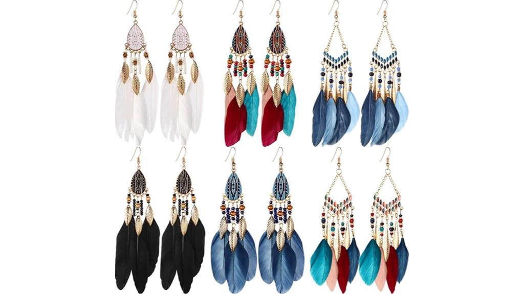 six pair feather earrings