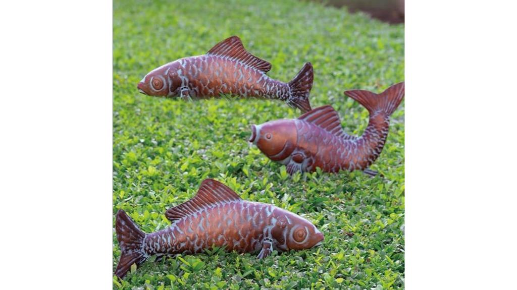 three copper koi fish statues