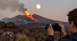 APOD: 2026 October 1 – Harvest Moon With Erupting Mount Etna